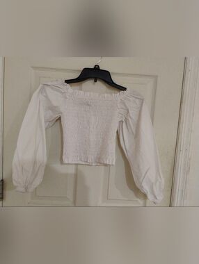 Smocked Off-Shoulder White Crop Top with Billowy Long Sleeves